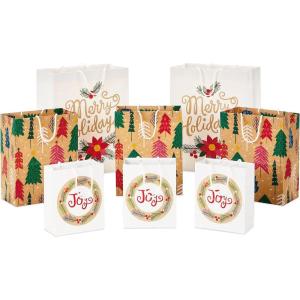 Hallmark Holiday Gift Bags (8 Bags: 3 Small 6″, 3 Medium 9″, 2 Large 13″) Recyclable Kraft with Pink Trees, Merry Holidays Winter Flowers, Joy Wreath for Christmas, Hanukkah, Weddings