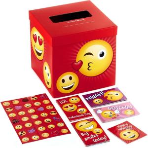 Hallmark Justice League Valentines Day Cards and Mailbox for Kids School Classroom Exchange (1 Box, 32 Valentine Cards, 35 Stickers, 1 Teacher Card)(Emoticons)