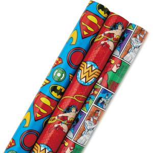 Hallmark Justice League Wrapping Paper Bundle with Cut Lines on Reverse (3 Rolls – 60 sq. ft. ttl) Wonder Woman, Batman, Superman, Flash, Green Lantern(Justice League)