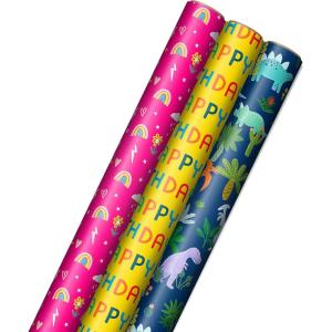 Hallmark Kids Birthday Wrapping Paper (3 Rolls: 75 sq. ft. ttl) Rainbows, Hearts, Flowers on Bright Pink, T-Rex, Dinosaurs, Jungle on Navy Blue, Green, Red, Orange “Happy Birthday” on Yellow(Rainbows  Dinosaurs  “Happy Birthday”)