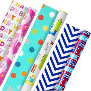Hallmark Kids Birthday Wrapping Paper (3 Rolls: 75 sq. ft. ttl) Rainbows, Hearts, Flowers on Bright Pink, T-Rex, Dinosaurs, Jungle on Navy Blue, Green, Red, Orange “Happy Birthday” on Yellow(Monsters and Unicorns)