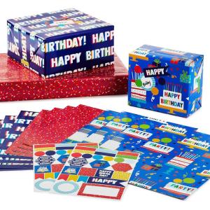 Hallmark Kids Birthday Wrapping Paper Sheets with Cutlines on Reverse (12 Folded Sheets with Sticker Seals) Pink, Blue, Green, Cats, Unicorns, Pizza, Video Games, Sports, Confetti(Blue Red Dark Blue and Multicolor)