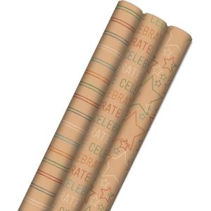 Hallmark Kids Wrapping Paper with Cutlines on Reverse (6 Rolls: 180 Sq. Ft. Total) Dinosaurs, Unicorns, Rainbow, Video Games(Kraft Stripes  Celebrate  Stars)