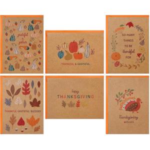 Hallmark Kraft Thanksgiving Cards Assortment (24 Assorted Cards with Envelopes) Leaves, Pumpkins, Gourds(Thanksgiving Icons on Kraft Notecards)