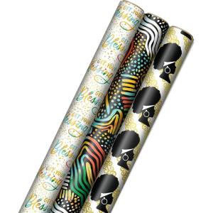 Hallmark Mahogany Wrapping Paper with Cutlines on Reverse (3 Rolls: 75 sq. ft. ttl) “Get Your Blessing” for Birthdays, Weddings, Bridal Showers, Gold, Black, Red, Yellow, Green, White, (0005EWR6549)
