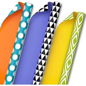 Hallmark Modern Wrapping Paper Rolls for Birthday, Graduation, Christmas, Gift Wrap Paper (Set of 3 Reversible Rolls: 75 sq. ft. ttl.) Black, White, Blue, Orange, Yellow & Green for All Occasions(Polka Dots  Triangles  Diamonds)