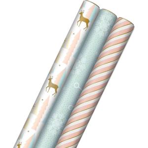 Hallmark Pink Christmas Wrapping Paper with Cut Lines on Reverse (3 Rolls: 120 sq. ft. ttl) Pink, Mint, Gold, Reindeer, Christmas Trees, Snowflakes(Pink  Mint  Gold  Reindeer  Christmas Trees  Snowflakes)