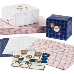 Hallmark Pink Flat Wrapping Paper Sheets with Cutlines on Reverse (12 Folded Sheets with Sticker Seals) Spring Flowers, Stripes, Hearts for Easter, Mother’s Day, Bridal Showers and More(Pink  Blue  Orange  Brown)