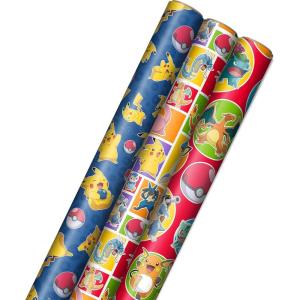 Hallmark Pokémon Wrapping Paper Rolls – Pikachu, Charmander, Bulbasaur Gift Wrap Paper (Set of 3 Rolls: 60 sq. ft. ttl.) for Birthday, Kids Parties, Gamers, Christmas Presents(Wrapping Paper)