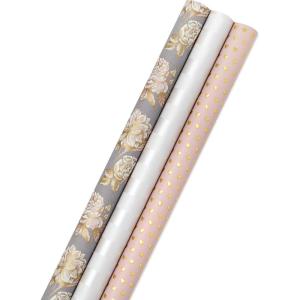 Hallmark Premium Wrapping Paper Roll Bundle with Cut Lines on Reverse (3 Rolls: 85 sq. ft. ttl. Marble, Black, Antiqued Gold) for Valentines Day, Graduations, Birthdays, Weddings, and Bridal Showers(Light Pink  White)