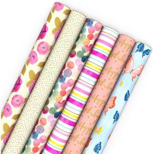 Hallmark Pretty Wrapping Paper with Cutlines on Reverse (6 Rolls: 180 Square Feet Total) Flowers, Butterflies, Stripes, Dots for Birthdays, Mother’s Day, Valentine’s Day(Floral  Dots  Stripes  Butterflies  “Happy Birthday”)