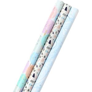 Hallmark Recyclable Kraft Wrapping Paper with Cutlines on Reverse (3 Rolls: 60 Sq. Ft. Ttl) Bold Stripes, Black and White Windowpane Plaid for Birthdays, Baby Showers, Graduations, Holidays(Pastel Balloons  Confetti  Marble)