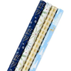 Hallmark Recyclable Neutral Christmas Wrapping Paper (4 Rolls: 100 Sq. Ft. Ttl) White and Sage Green Evergreen Pinecones, Rustic Snowmen, Plaid, Nordic Deer and Foliage(Peace and Joy  Deer  Pinecones  Snowflakes  Blue  Gold)