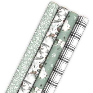 Hallmark Recyclable Neutral Christmas Wrapping Paper (4 Rolls: 100 Sq. Ft. Ttl) White and Sage Green Evergreen Pinecones, Rustic Snowmen, Plaid, Nordic Deer and Foliage(White and Sage Green Evergreen Pinecones  Rustic Snowmen  Plaid  Nordic Deer and Foliage)