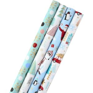 Hallmark Recyclable Neutral Christmas Wrapping Paper (4 Rolls: 100 Sq. Ft. Ttl) White and Sage Green Evergreen Pinecones, Rustic Snowmen, Plaid, Nordic Deer and Foliage(Yeti  Santa  Penguin  Snowflakes  Blue  Gold)