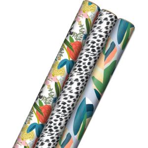 Hallmark Recycled Wrapping Paper with Cutlines on Reverse (3 Rolls: 60 Sq. Ft. Ttl) Modern Florals, Abstract Leaves, for Birthdays, Bridal Showers, Easter(Floral  Black and White  Leaves)