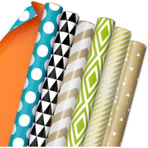 Hallmark Recycled Wrapping Paper with Cutlines on Reverse (3 Rolls: 60 Sq. Ft. Ttl) Red, Blue, Green, Gold Stripes, Candles, “Happy Birthday” for Kids and Adults(Green  Blue)