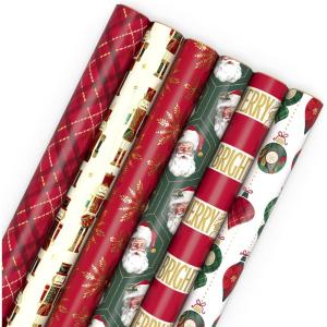 Hallmark Recycled and Recyclable Christmas Wrapping Paper Rolls with Cutlines on Reverse (6 Rolls: 150 Sq. Ft. Total) Deer, Mittens, Citrus with Pinecones, Red and Green Quilt(Plaid  Nutcracker  Snowflake  Santa  Merry and Bright  Ornaments)