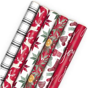 Hallmark Recycled and Recyclable Christmas Wrapping Paper Rolls with Cutlines on Reverse (6 Rolls: 150 Sq. Ft. Total) Deer, Mittens, Citrus with Pinecones, Red and Green Quilt(Plaid  Reindeer  Quilted Star  Citrus  Stockings  Joy)