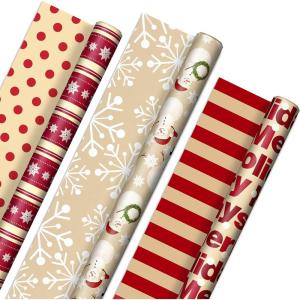 Hallmark Reversible Christmas Wrapping Paper (3 Rolls: 120 sq. ft. ttl) Merry Holidays, Snowflakes, Snowmen, Red Stripes(Merry Holidays  Snowflakes  Snowmen  Red Stripes)