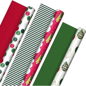 Hallmark Reversible Christmas Wrapping Paper (3 Rolls: 120 sq. ft. ttl) Merry Holidays, Snowflakes, Snowmen, Red Stripes(Retro Ornaments  Stripes  Polka Dots  Snowmen  Solid Red and Green)