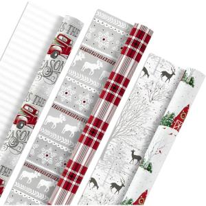Hallmark Reversible Christmas Wrapping Paper (3 Rolls: 120 sq. ft. ttl) Rustic Santa, Papercraft Snowmen, Candy Canes, Stripes, Snowflakes, “Merry Christmas to You”(Plaid  Barn  Red Truck  Moose  Woodland Scenes)