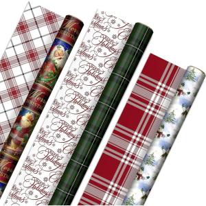 Hallmark Reversible Christmas Wrapping Paper (3 Rolls: 120 sq. ft. ttl) Vintage Santa, Snowmen, Traditional Green, Red and White Plaids(Vintage Santa  Snowmen  Traditional Green  Red and White Plaids)