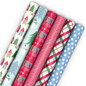 Hallmark Reversible Christmas Wrapping Paper Rolls for Kids (6 Rolls: 150 Sq. Ft. Total) Cookies, Donuts, Mittens, Penguins, Dinosaurs(Cute Christmas)