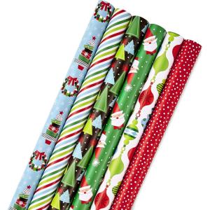 Hallmark Reversible Christmas Wrapping Paper Rolls for Kids (6 Rolls: 150 Sq. Ft. Total) Cookies, Donuts, Mittens, Penguins, Dinosaurs(Modern Christmas)