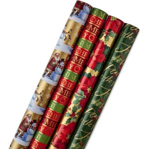 Hallmark Reversible Quad Pack Wrapping Paper (Santa & Trees, 4 Gift Wrap Rolls)(Traditional Christmas)
