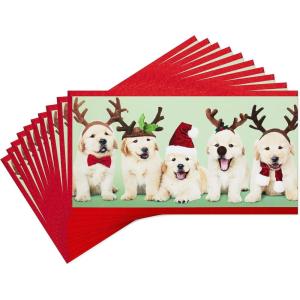 Hallmark Shoebox Funny Christmas Cards Pack, Dogs and Cats (6 Holiday Cards with Envelopes)(Puppies in Santa Hats  Pack of Money Holders)