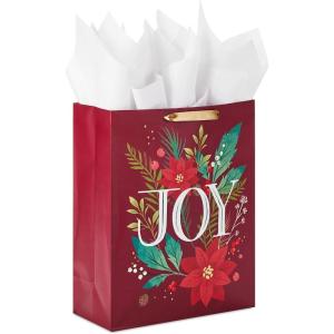 Hallmark Signature 10″ Square Christmas Gift Bag with Tissue Paper (Emerald Green with Poinsettias, Gold Merry Christmas) for Wife, Girlfriend, Mother, Daughter, Grandma, Teacher, Boss, Coworker(Dark Red with Poinsettias)