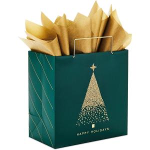 Hallmark Signature 7″ Medium Christmas Gift Bag with Tissue Paper (Hunter Green and Gold Tree, Happy Holidays) with Foil, Glitter, Metal Handle(Green and Gold)