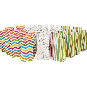 Hallmark Solid Color Party Favor and Wrapped Treat Bags (30 Ct., 5 Each of Blue, Red, Green, Yellow, Orange, Pink) for Birthdays, Baby Showers, Kids Crafts and Activities, May Day, Care Packages(Chevron  Polka Dots  Vertical Stripes)