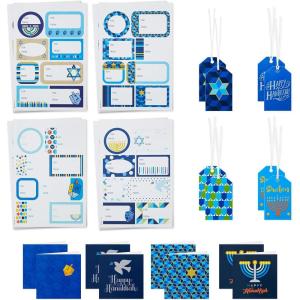 Hallmark Tree of Life Hanukkah Gift Tags with Ribbon, Sticker Seals, and Mini Notecards (Star of David, Menorah, Dreidel, Blue, Gold, Orange) for Gift Bags and Wrapped Presents