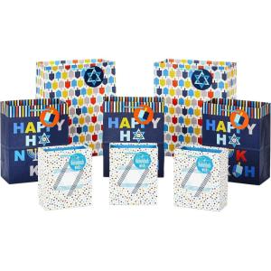 Hallmark Tree of Life Hanukkah Wrapping Paper with Cutlines on Reverse (3 Rolls: 120 Sq. Ft. Total) Blue and Gold Star of David, Menorahs, Candles, Dreidels(1 Count (Pack of 8))