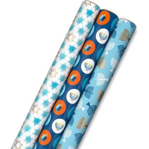 Hallmark Tree of Life Hanukkah Wrapping Paper with Cutlines on Reverse (3 Rolls: 120 Sq. Ft. Total) Blue and Gold Star of David, Menorahs, Candles, Dreidels(1 roll (Pack of 3))