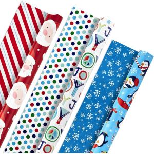 Hallmark Trendy Reversible Christmas Wrapping Paper for Kids (3 Rolls: 120 sq. ft. ttl) Dinosaurs, Koalas, Polar Bears, Penguins, Camels, Zebras, Stripes(Santa  Joy  Penguins  Snowflakes  Polka Dots  Stripes)