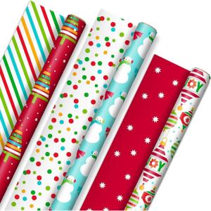Hallmark Trendy Reversible Christmas Wrapping Paper for Kids (3 Rolls: 120 sq. ft. ttl) Dinosaurs, Koalas, Polar Bears, Penguins, Camels, Zebras, Stripes(Vibrant Brights  Stripes  Trees  Ornaments  Polka Dots)