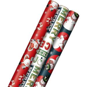 Hallmark Vintage Christmas Wrapping Paper Cut Lines on Reverse (3 Rolls: 120 sq. ft. ttl) Dancing Santas, Classic Snowman, “Merry, Jolly, Happy, Peace”(Christmas Wrapping Paper)