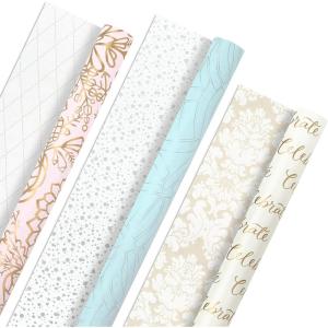 Hallmark Wedding Wrapping Paper Rolls for Birthday, Baby Shower, Bridal Shower, All Occasion – Metallic & Pastel Gold Floral Gift Wrap Paper (Set of 3 Reversible Rolls: 75 sq. ft. ttl.)(Pink  Blue  White)