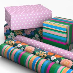 Hallmark Wrapping Paper Mini Rolls, 3-Pack (Stripes, Wildflowers, Pink Polka Dots) for Birthdays, Mother’s Day, Bridal Showers, Any Occasion – 45 Sq. Ft. Total(Flowers  Polka Dots  Stripes)