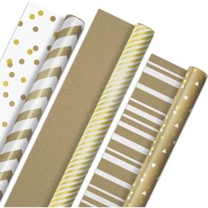 Hallmark Wrapping Paper Rolls for Weddings, Bridal Showers, Birthdays – Silver and White Gift Wrap Paper (Set of 3 Rolls: 105 sq. ft. ttl.) Polka Dots, Stripes, Geometric Shapes(Kraft Gold and White)