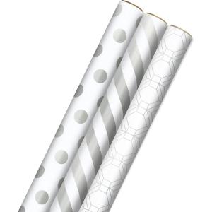 Hallmark Wrapping Paper Rolls for Weddings, Bridal Showers, Birthdays – Silver and White Gift Wrap Paper (Set of 3 Rolls: 105 sq. ft. ttl.) Polka Dots, Stripes, Geometric Shapes(Metallic White and Silver)