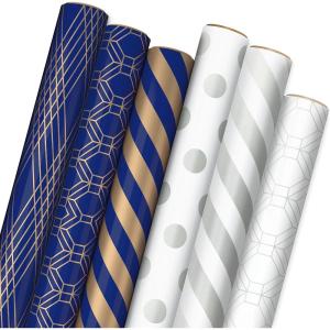 Hallmark Wrapping Paper with Cutlines on Reverse (6 Rolls: 180 Sq. Ft. Total) White and Silver Stripes, Mint Green, Gold Hearts and Flowers for Weddings, Bridal Showers, Birthdays(Navy  Gold  Silver  White)