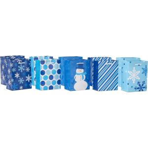 Image Arts 5″ Small Gift Bags Bulk (10 Blue and White Bags, Snowflakes, Stripes, Snowmen, Polka Dots) for Kids, Coworkers, Gift Cards, Party Favors(Snowflakes  Dots  Snowman  Stripes)