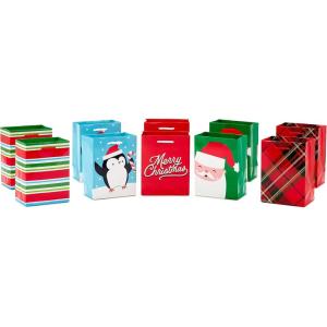 Image Arts 5″ Small Gift Bags Bulk (10 Blue and White Bags, Snowflakes, Stripes, Snowmen, Polka Dots) for Kids, Coworkers, Gift Cards, Party Favors(Stripes  Penguin  Santa  Plaid)