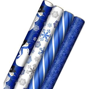 Image Arts Blue Christmas Wrapping Paper with Cut Lines on Reverse (4 Rolls: 120 sq. ft. ttl) Snowmen, Snowflakes, Blue and White Stripes(Snowman  Snowflakes  Stripes)