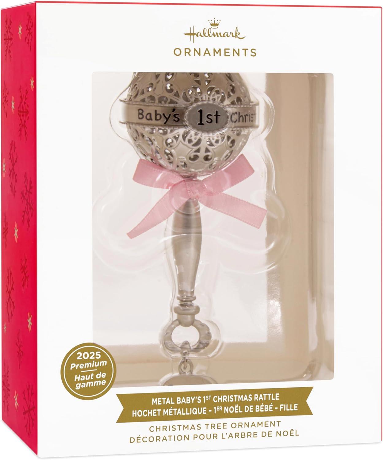 imageHallmark Babys First Christmas Silver Rattle with Pink Ribbon 2025 Christmas Ornament Metal New Baby Gifts