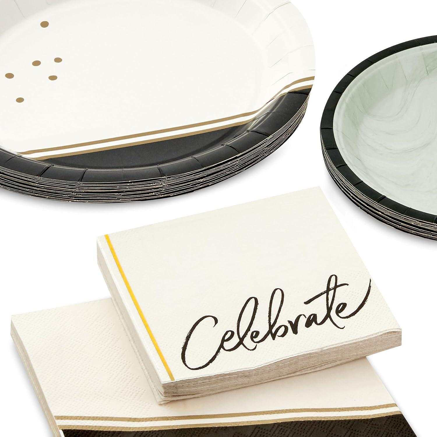 imageHallmark Black and Gold Party Supplies 16 Round Dinner Plates 16 Round Dessert Plates 16 Beverage Napkins 16 Dinner Napkins for Weddings Graduations EngagementsChic Black Ivory Gold